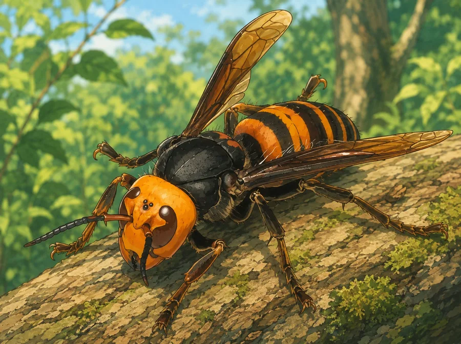 スズメバチのイラスト。オレンジ色の大きな頭部と黒×橙の太いしま模様の腹部が特徴