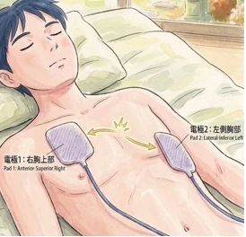 あおむけの人の胸にAEDパッドを2枚貼った実際のイメージ
